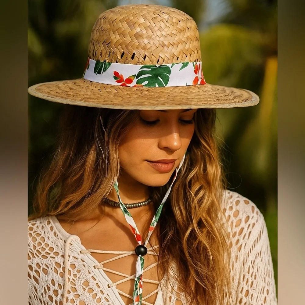Straw Sun Hat Goldcoast Sunwear Tropical Floral Palm Leaf Band Tan White Green
